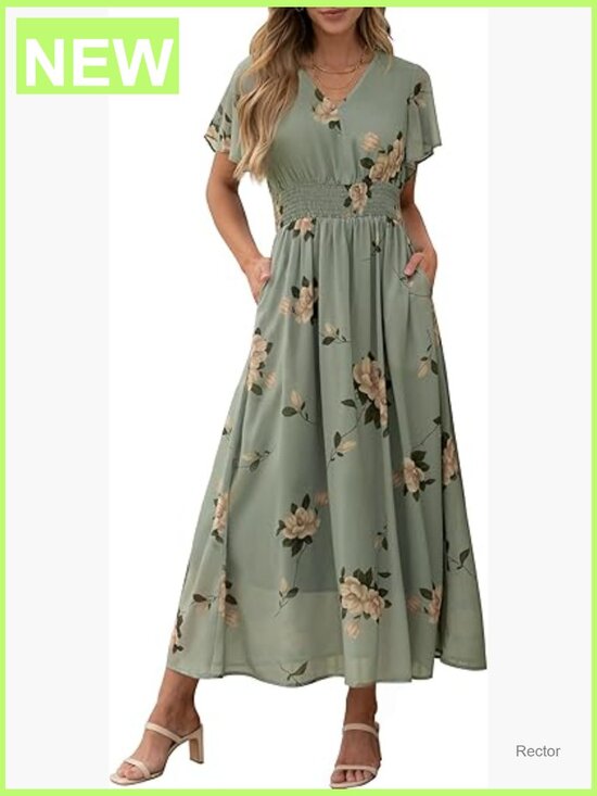 Dresses & Skirts - Womens Floral Maxi Dress V Neck Short Sleeve Casual Beach Wedding Guest Long